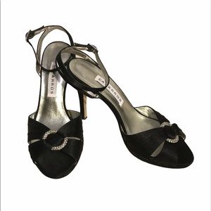 Formal Satin Shoes 7.5 Black Peep Toe Heels Rhinestone Caparros Prom Cocktail